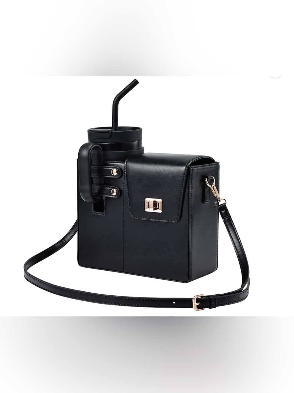 Black Structured Crossbody Bag with Cup Holder